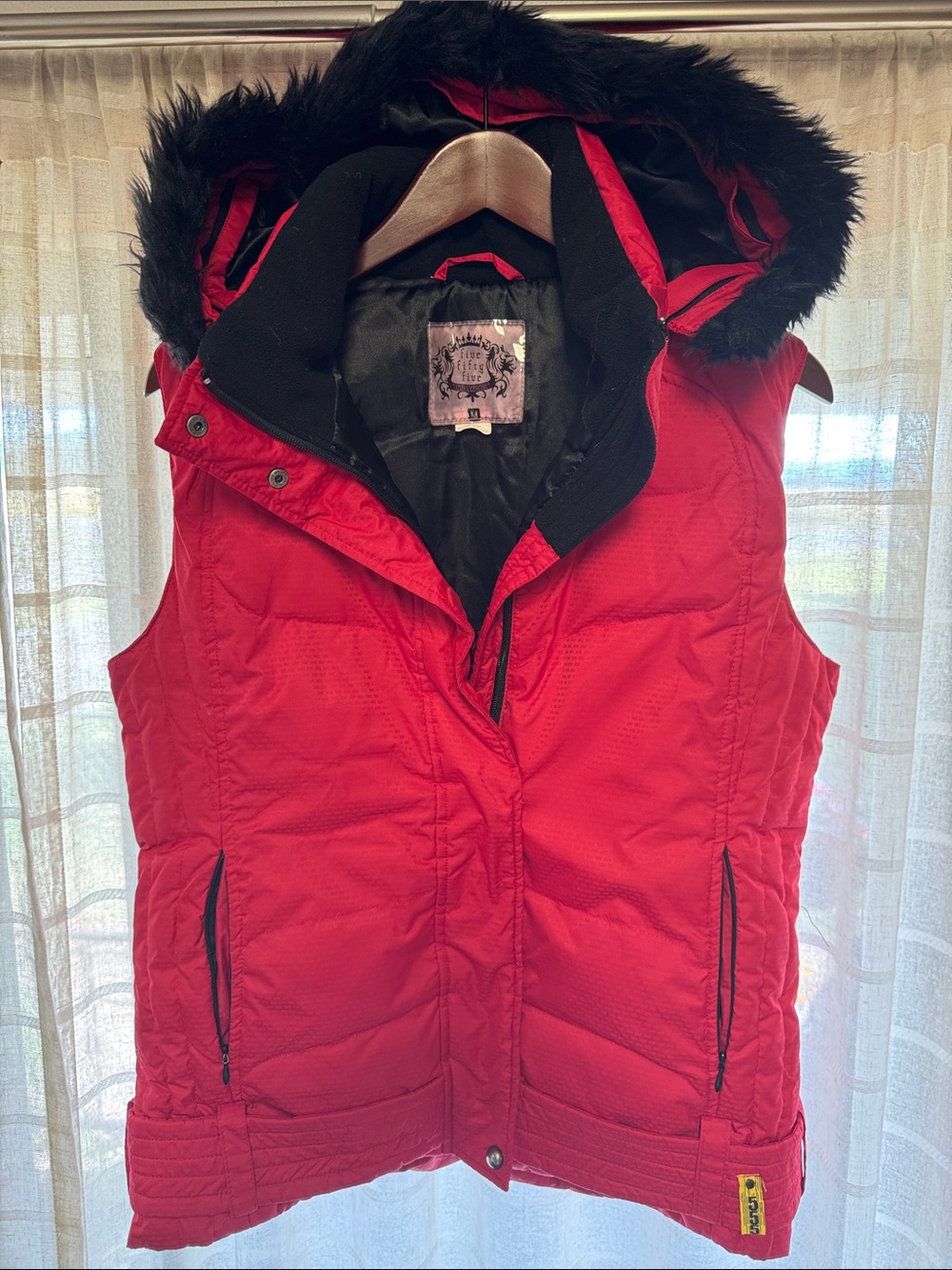 Women's Red Quilted Puffer Vest with removable Faux Fur Hood